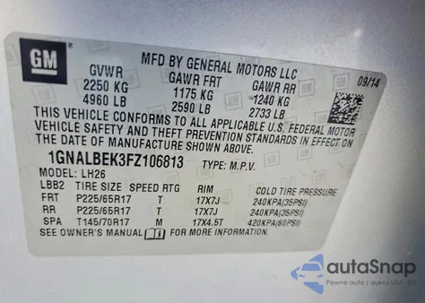 2015 Chevrolet Equinox Lt z USA, uszkodzony, nr VIN 1GNALBEK3FZ106813